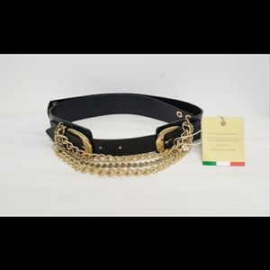 Punto Fibbia Black Leather Belt with Chains
